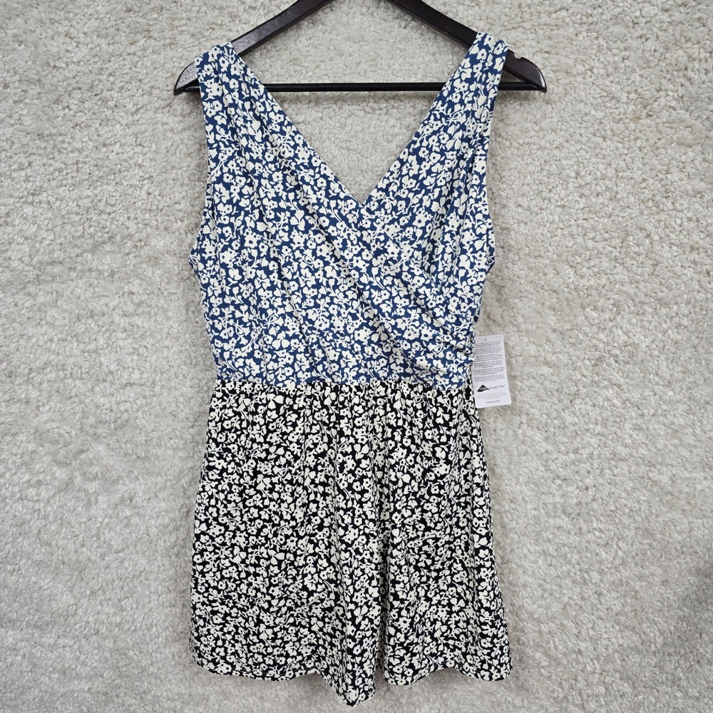 Lands End Swimsuit Skirted One Piece Womens 18W Blue Black Floral V-Neck Modest